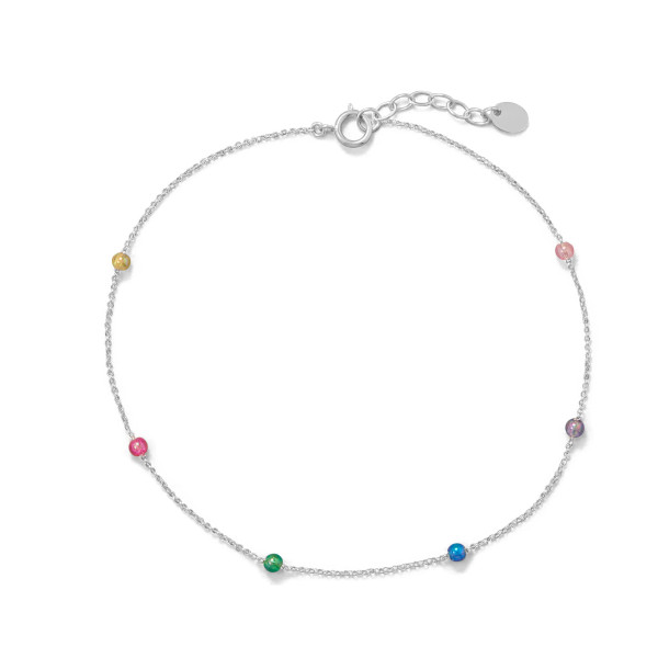 There's a rainbow of possibilities with this anklet! 9.25"+1" sterling silver anklet features multi color 3mm plastic beads and a spring ring closure. 

.925 Sterling Silver