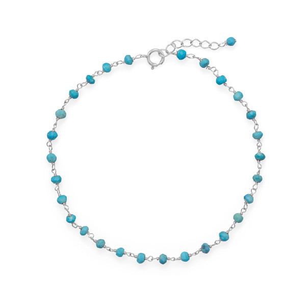 Turquoise is a classic and this anklet is a must-have! The sterling silver 9.5" anklet with a 1" extension features turquoise rondell beads that measure approximately 2.5mm x 3.5mm. Spring ring closure.

.925 Sterling Silver