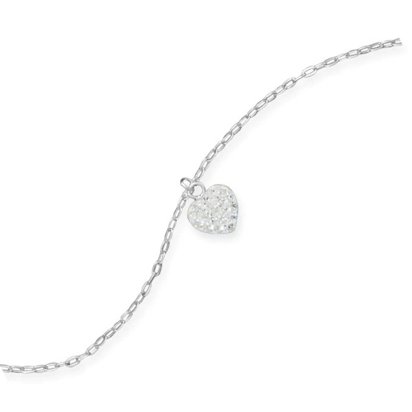 9" + 1" extension sterling silver anklet with a clear Swarovski crystal heart charm. The flat heart measures approximately 9mm. This anklet has a spring ring closure.

.925 Sterling Silver