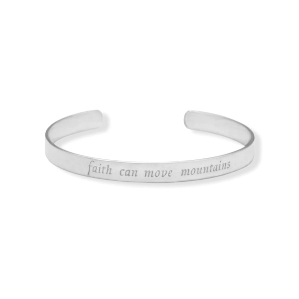 Simply inspirational. Sterling silver cuff bracelet with "faith can move mountains" engraved detail. Cuff measures 6mm wide and 60mm across. 

.925 Sterling Silver