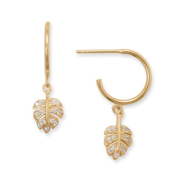 Year round beach vibes!  14 karat gold plated sterling silver 3/4 13.2mm hoop earrings feature a darling leaf charm decorated with CZs. Hanging length is 26.3mm.

.925 Sterling Silver