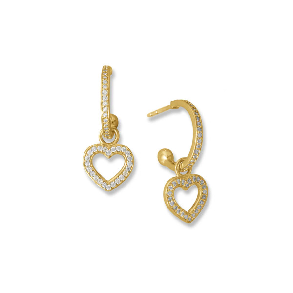 14 karat gold plated sterling silver 3/4 hoop earrings are lined with CZs and have an adorable CZ outline heart charm. Earrings have a hanging length of 26.5mm, and CZs are 1mm. 

Bonus: Remove hearts to wear a simple CZ hoop.

.925 Sterling Silver