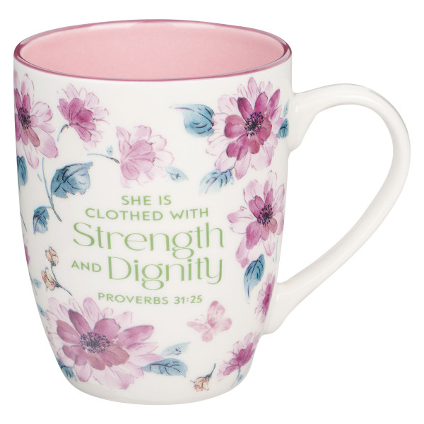 Strength and Dignity Pink Floral Ceramic Coffee Mug - Proverbs 31:25