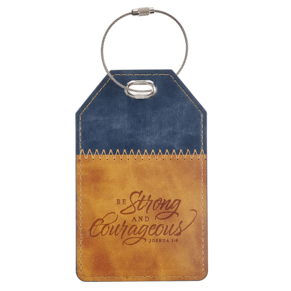 Strong and Courageous Butterscotch and Navy Faux Leather Luggage Tag - Joshua 1:9