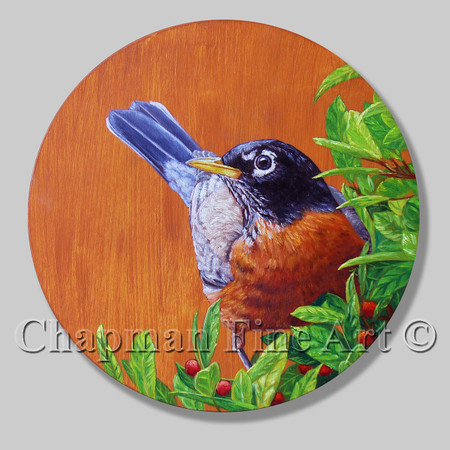 Robin on Wooden Disk, Birch Wood with maple stain Robin on Wooden Disk, Birch Wood with maple stain