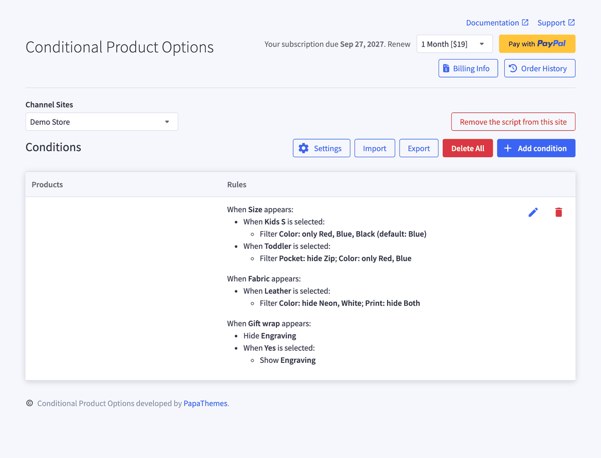 Conditions list in the Conditional Product Options app