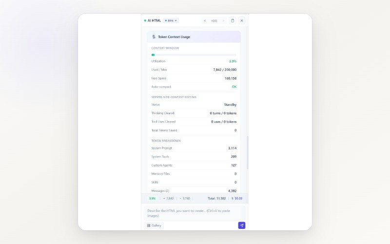 Token tracking bar showing context percentage, input/output tokens, and total cost