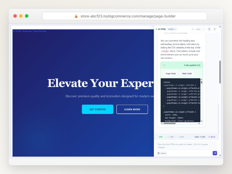 AI chatbot conversation generating custom HTML code for BigCommerce store