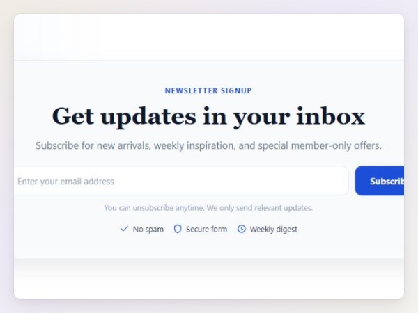Newsletter signup form with glassmorphism style