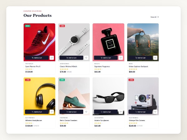 Product grid with hover effects and quick view