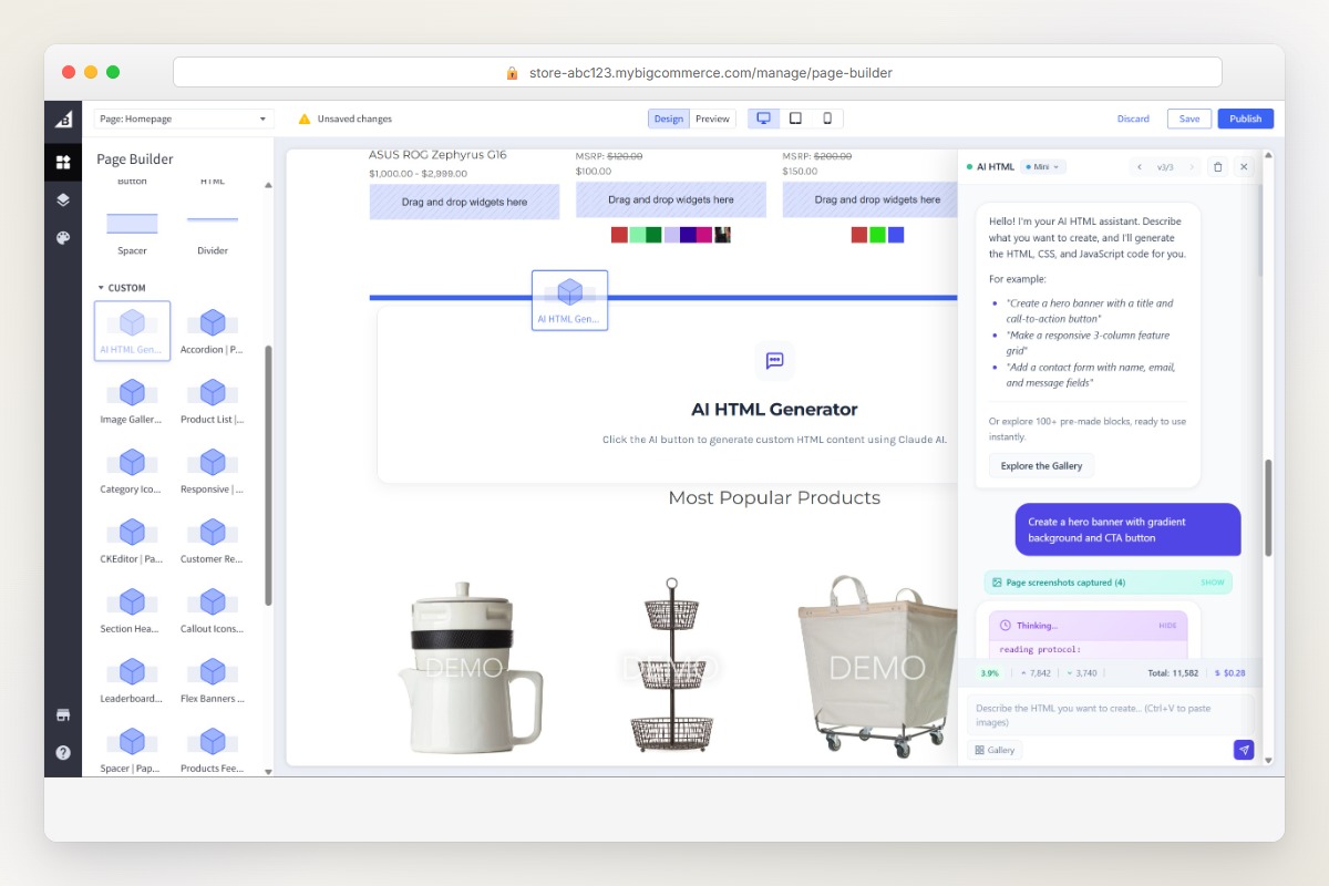 BigCommerce Page Builder interface with AI HTML widget being dragged into a page layout