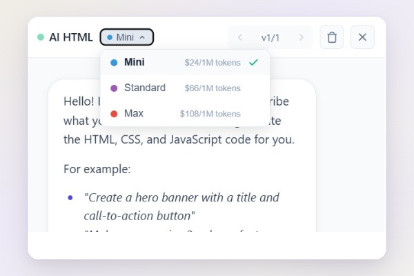 AI model selector showing Mini, Standard, and Max options with pricing