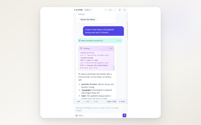 Extended thinking block showing AI reasoning process for a complex layout design