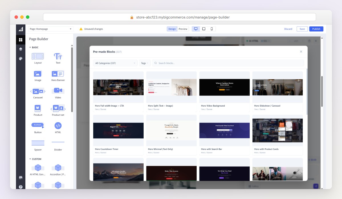 Gallery of 337+ section templates with category filters and tag-based search