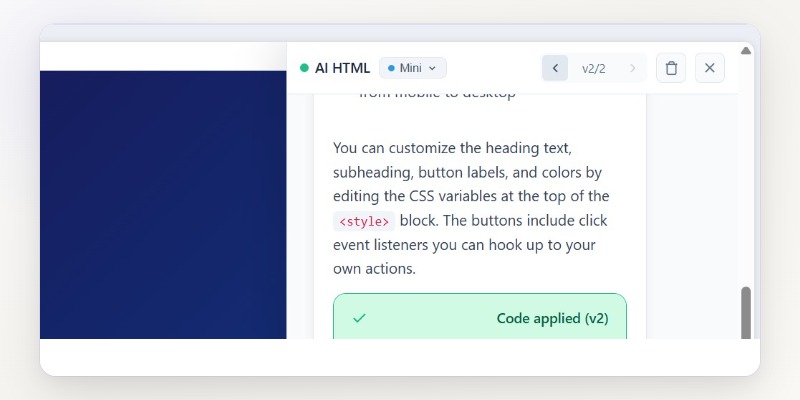 Version control interface showing navigation arrows and version counter