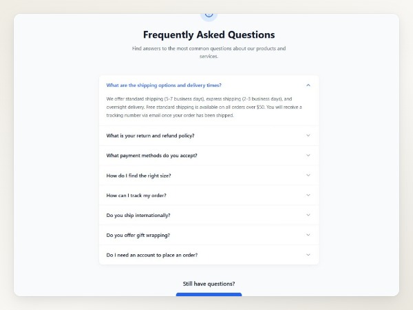 FAQ section with clean accordion design
