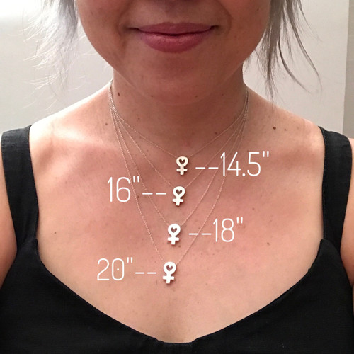 Here are the various necklace lengths on me.  I'm short (5'1"), about a dress size 4-6, or women's tank top size M. Here are the various necklace lengths on me.  I'm short (5'1"), about a dress size 4-6, or women's tank top size M.