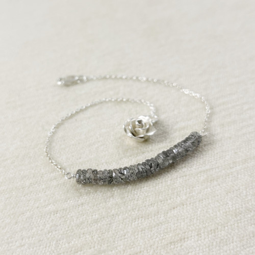 Black Rutilated Quartz Bracelet with a Handcrafted Mini Rose