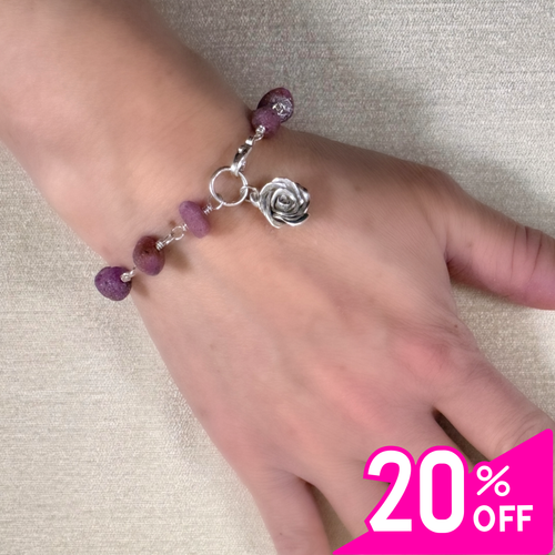 Winter Sale: Raw, Unpolished Ruby Nugget Bracelet with Handcrafted Mini Rose, 7.5"
