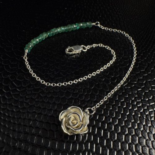 Winter Sale:  Faceted Emerald Bracelet with Handcrafted Mini Rose, 7.5"