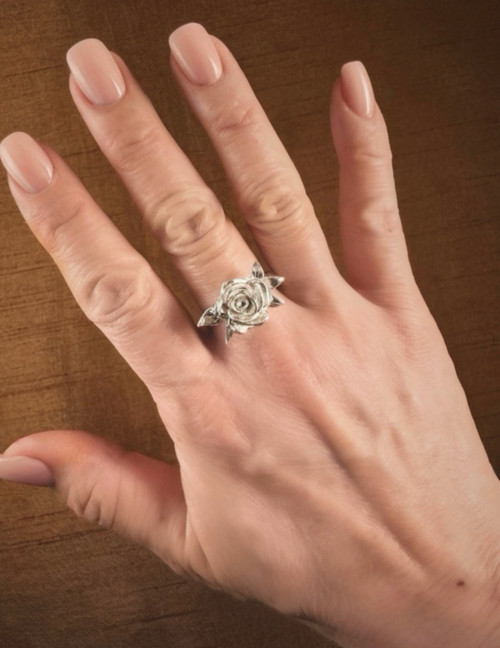 Small Rose with Leaves Ring, Size 7