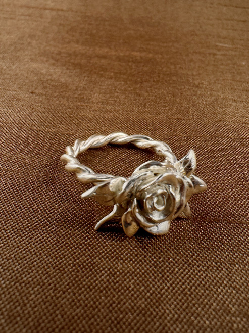 Small Rose with Leaves Ring, Size 7