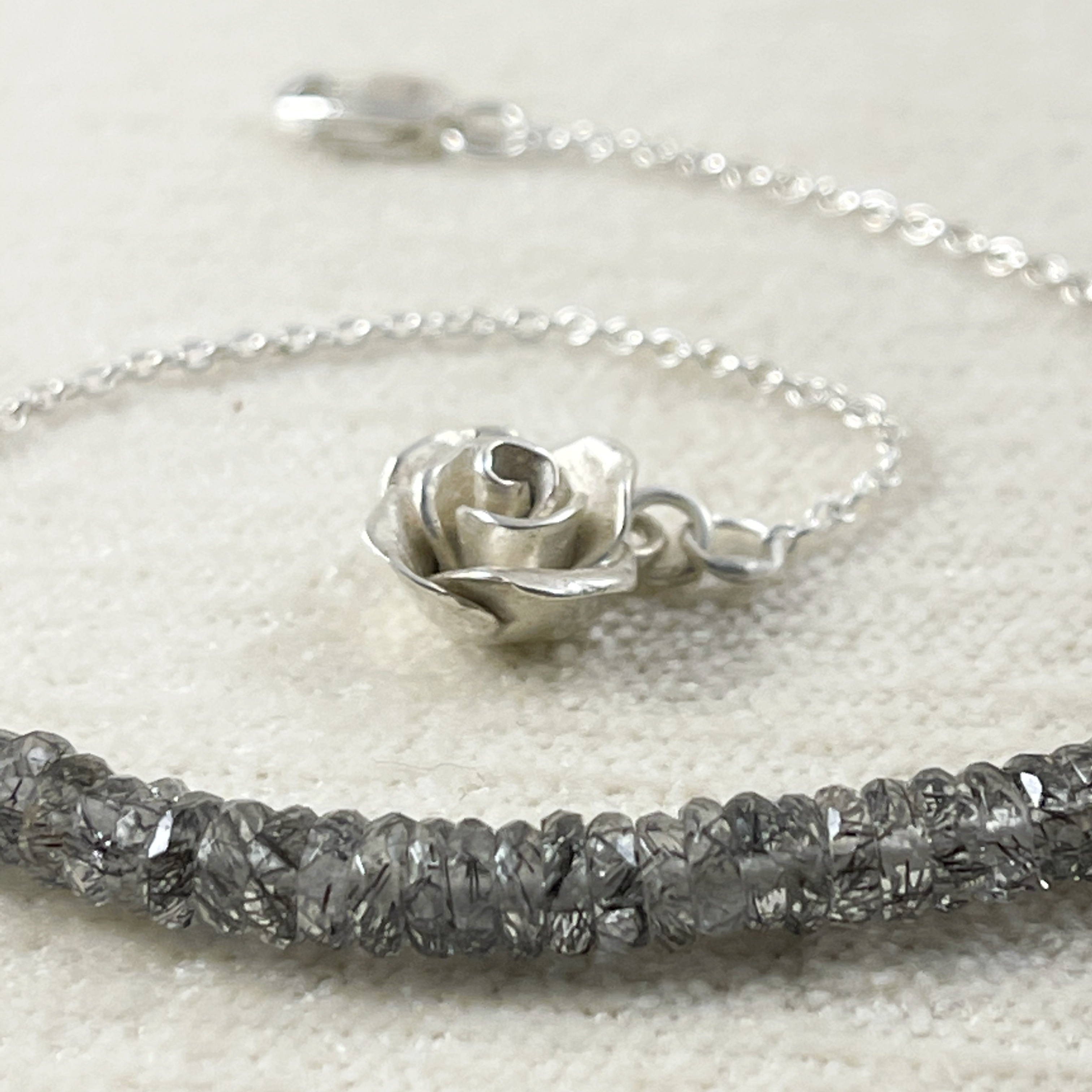 Black Rutilated Quartz Bracelet with a Handcrafted Mini Rose