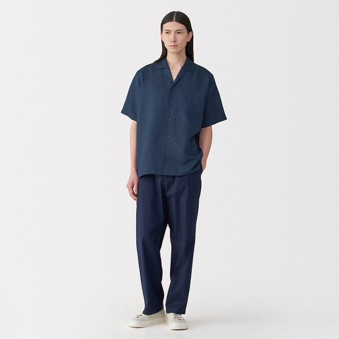 Camicia a maniche corte in lino e seta con colletto cubano da uomo