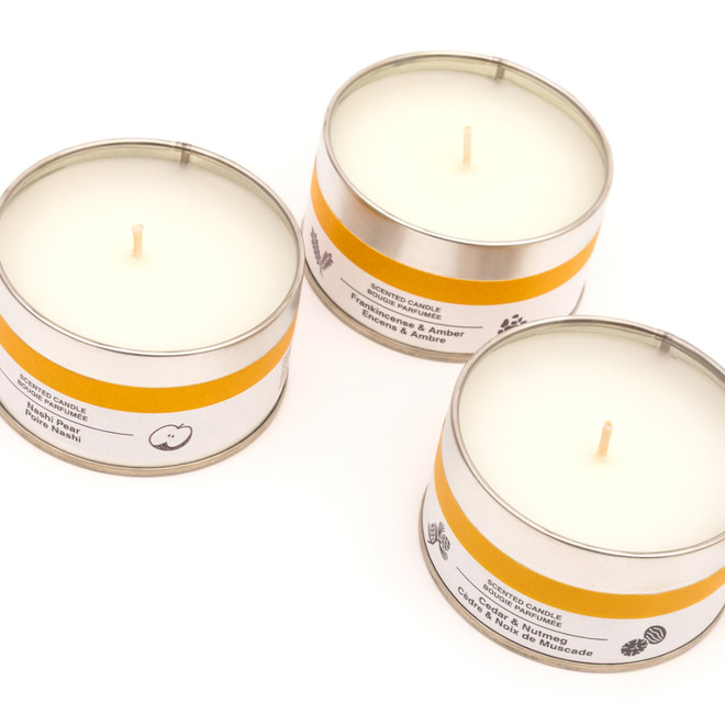 Candela in latta all`incenso e all`ambra