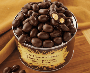 The Peanut Shop of Williamsburg - Dark Chocolate Covered Peanuts - 20 oz. Tin - Price Includes Shipping The Peanut Shop of Williamsburg - Dark Chocolate Covered Peanuts - 20 oz. Tin - Price Includes Shipping