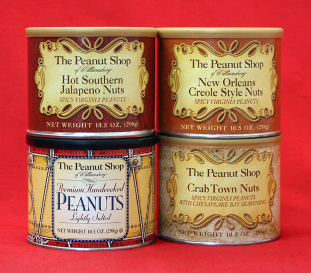 The Peanut Shop of Williamsburg starts with the finest peanuts available - Virginia super extra-large. After a unique process of blanching, they are quickly cooked in golden peanut oil with no additives or preservatives to alter their natural goodness. hand cooking in small batches insures the taste and quality remain consistent. This time-honored recipe makes these peanuts distinctively unique, unbelievably crisp and absolutely delicious. 32 oz. Tin. Option for box and gift wrap for $4.95