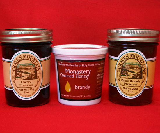 GRAVES MOUNTAIN PEACH BRANDY AND CHERRY PRESERVES AND MONASTERY CREAMED BRANDY HONEY