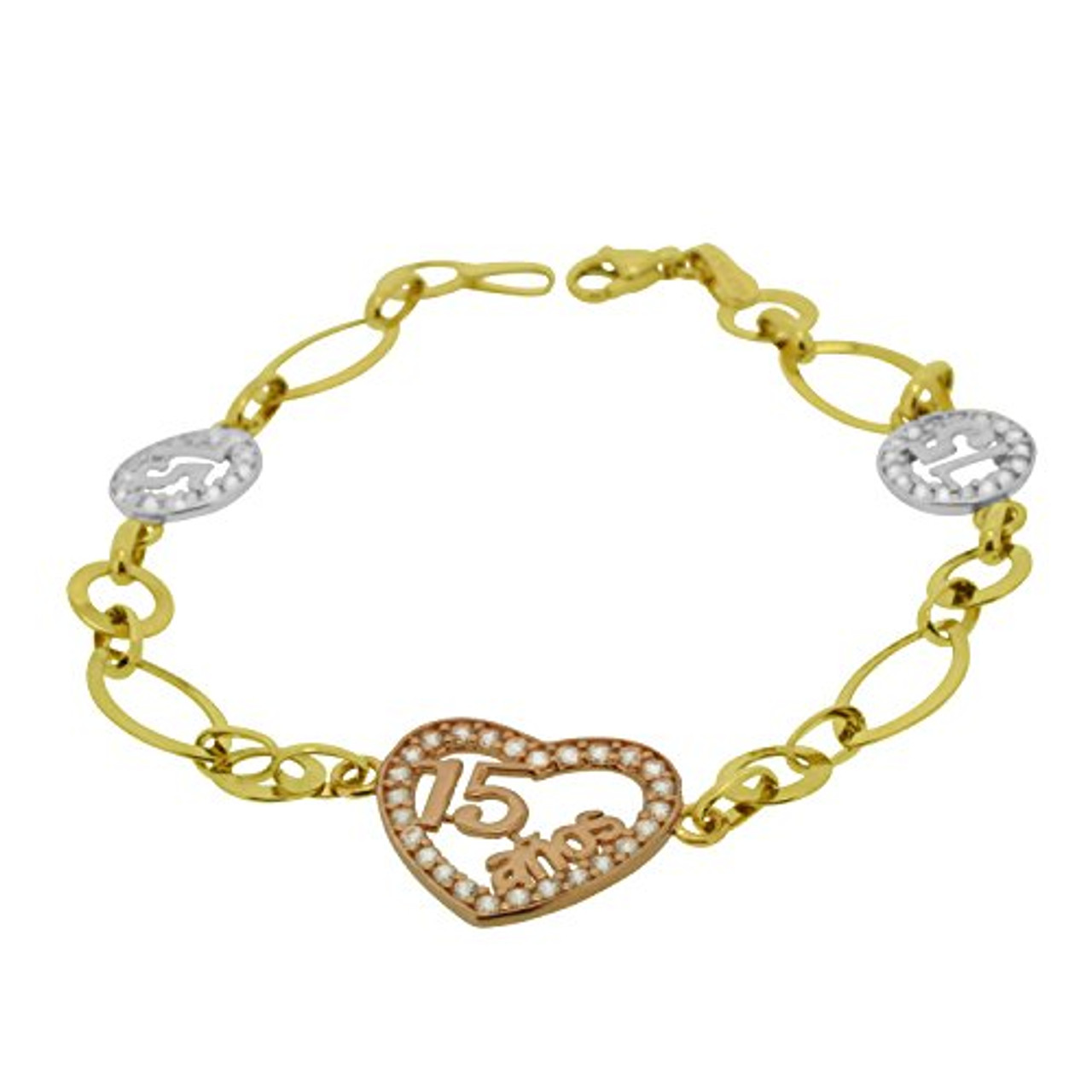 14k Tri Color Gold 15 Quince Anos Link Bracelet | Shin Brothers*