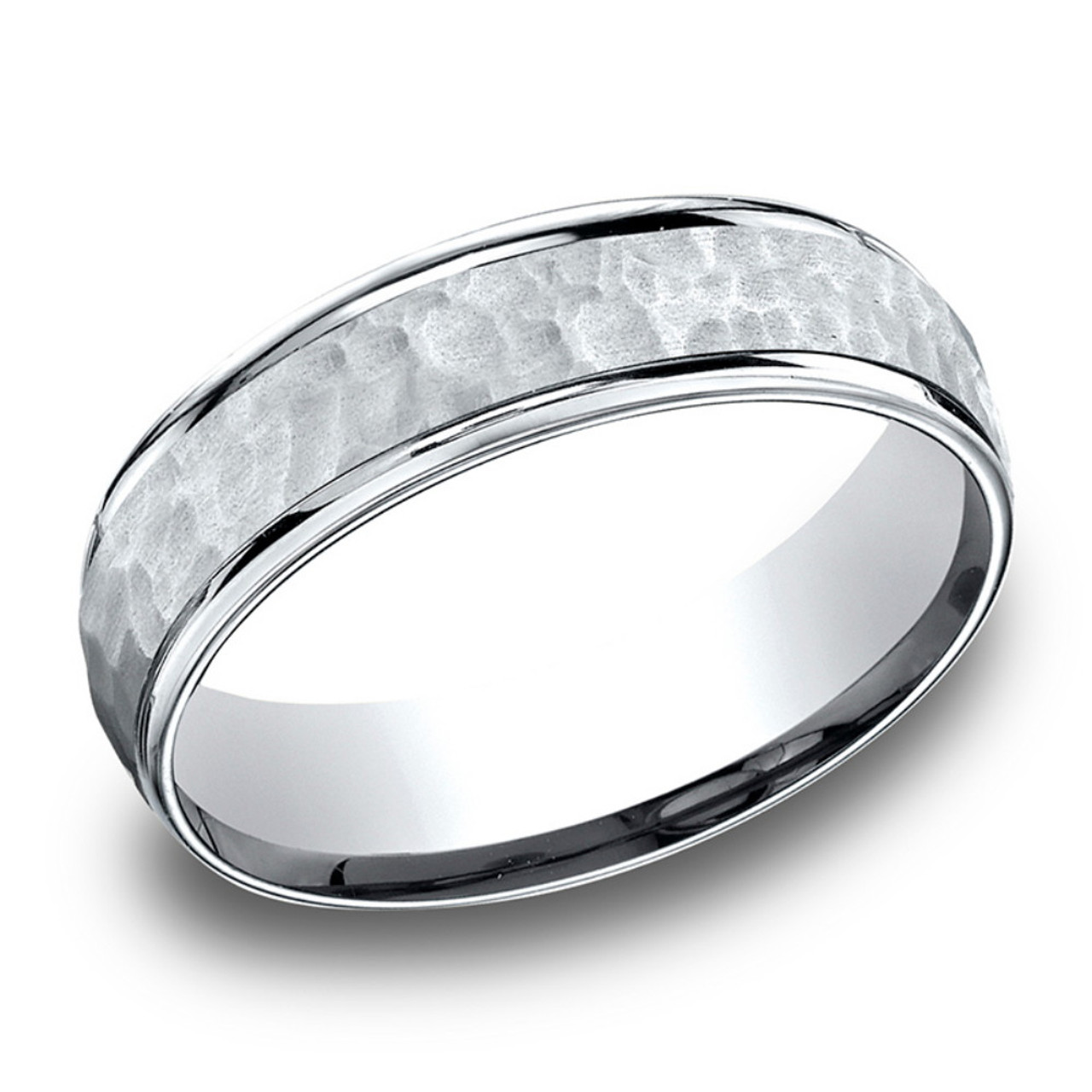 14k White Gold Light Comfort 6.5mm High Polish Edge Hammered Center Design  Band | Shin Brothers*