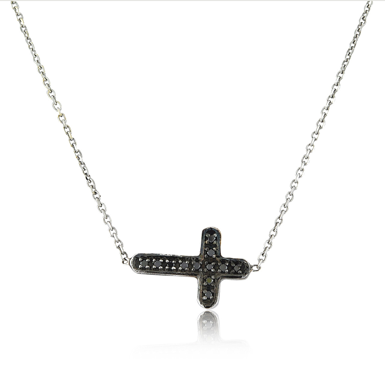 Tennis Chain W. Upside Down Cross Solid Real 925 Silver 4mm Black Diamonds  1 Row