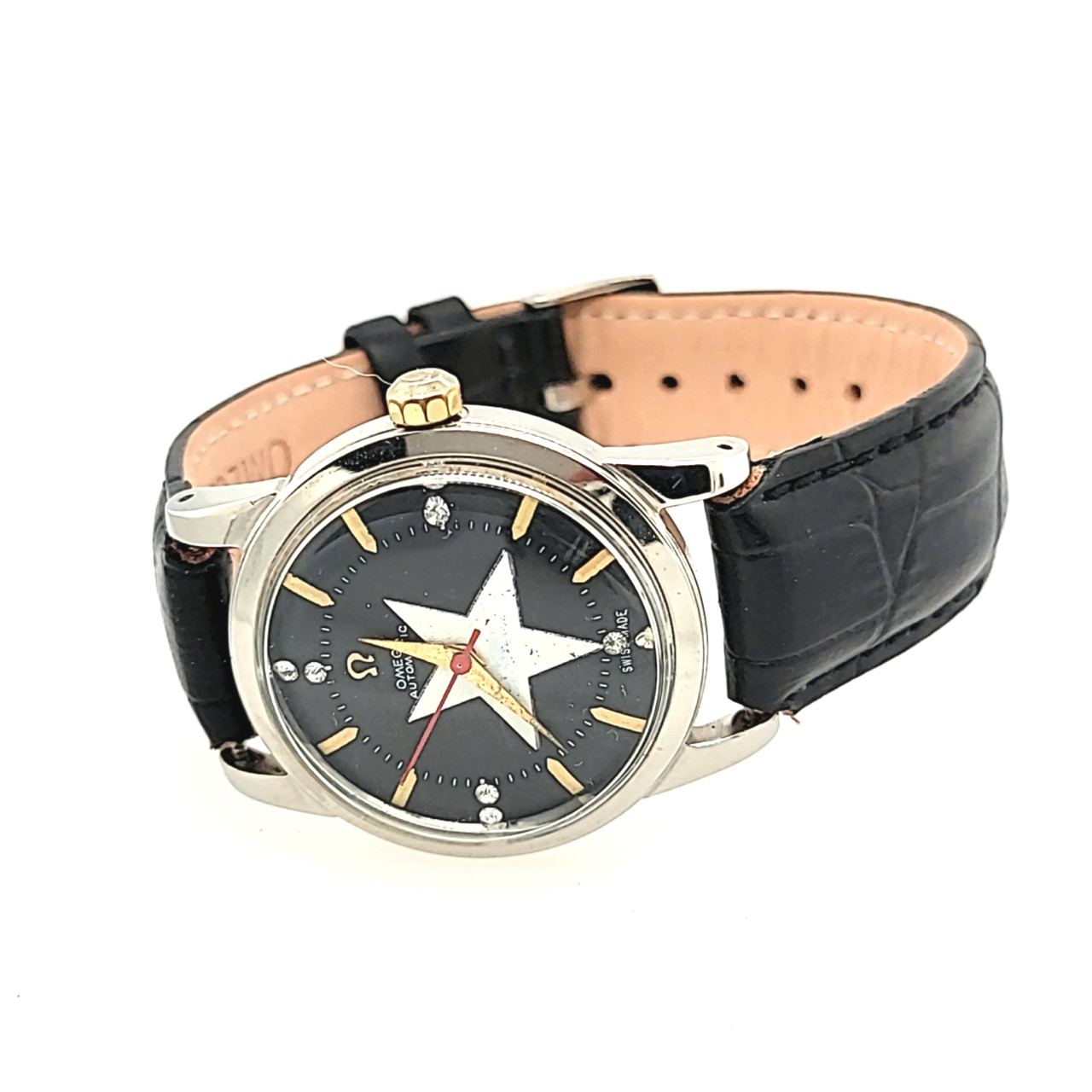 Preowned Omega Automatic Black Star Dial Swiss Watch with Leather