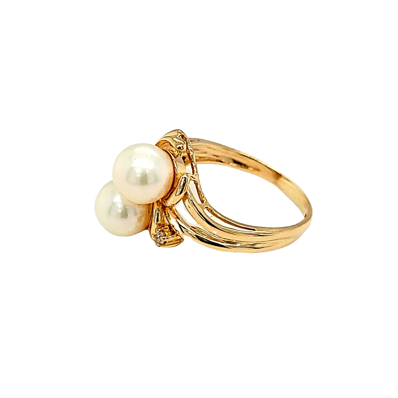 14K ゴールド ダブルパールリング 14K Yellow Gold Dual Pearl Diamond Ring | Shin Brothers Jewelers Inc.