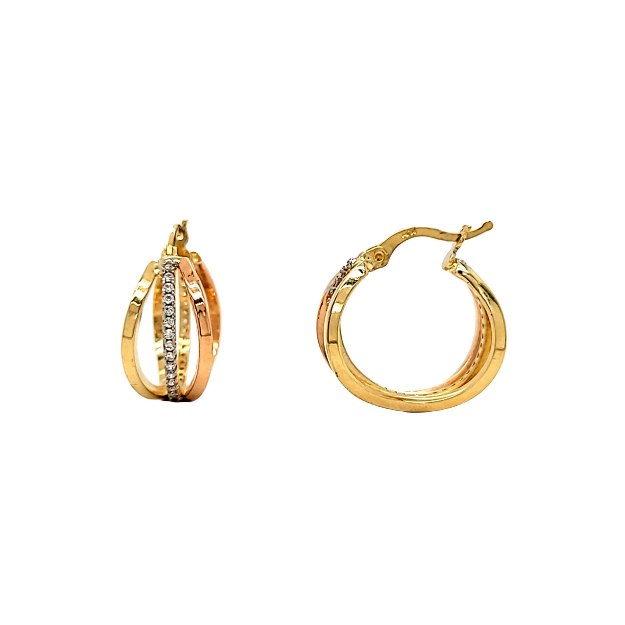14K Tricolor Gold CZ Triple Hoop Earrings | Shin Bro14K