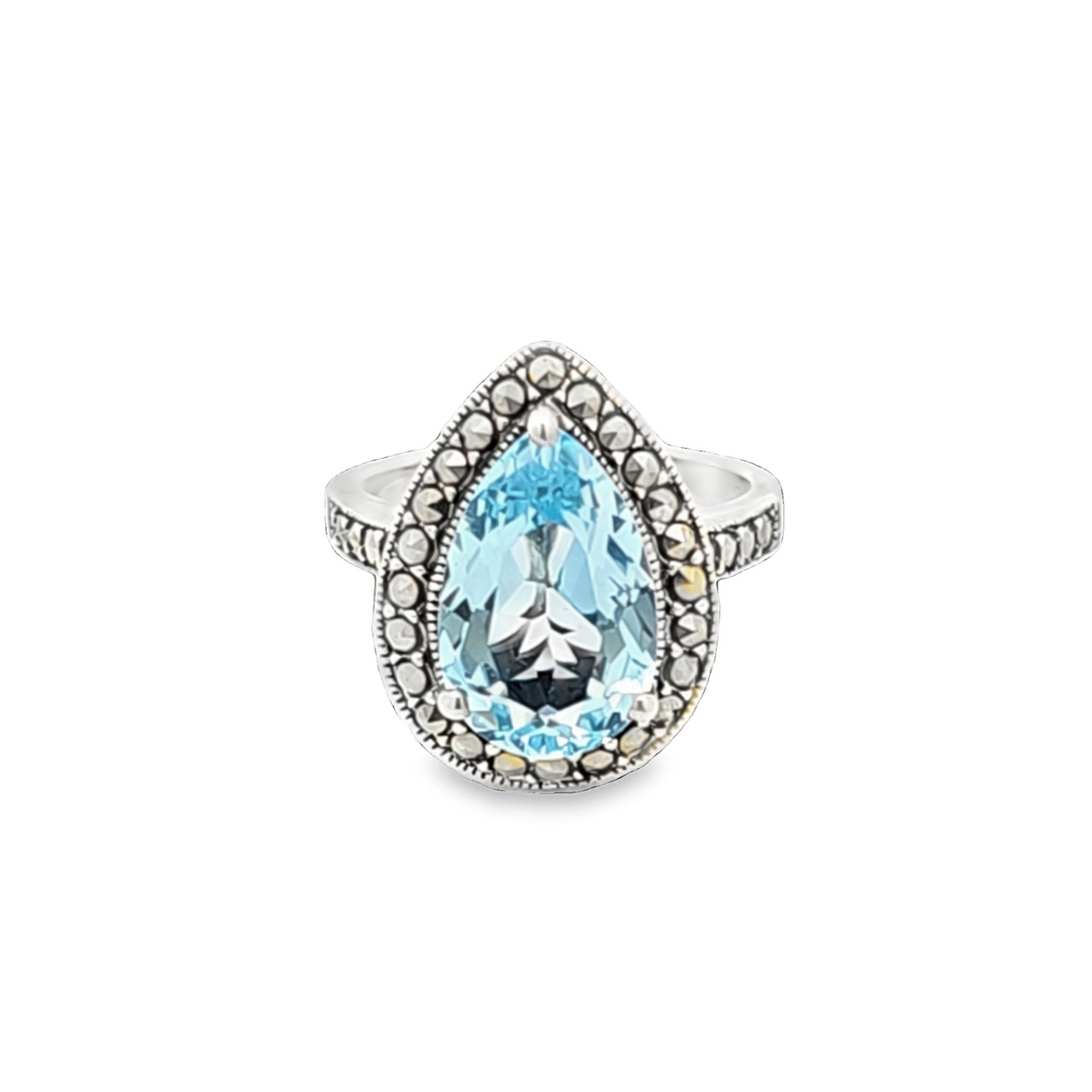Sterling Silver Pear Cut Blue Topaz and Marcasite Ring | Shin 