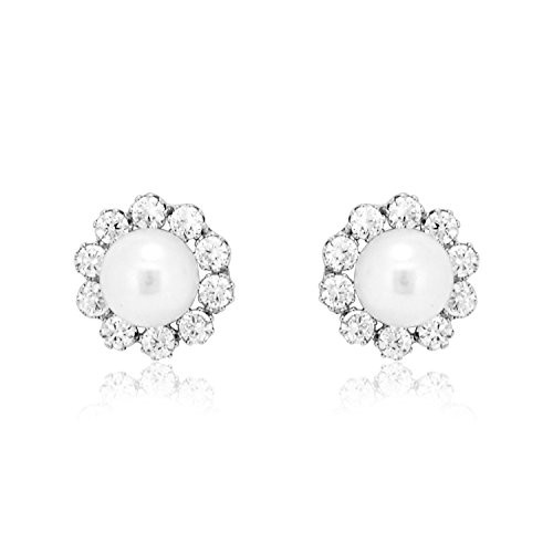 14K White Gold Pearl/CZ Post Back Earrings 42002705