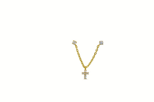 One Single 14K Yellow Gold CZ Double Pierced Cross Earring By Shin Brothers* One Single 14K Yellow Gold CZ Double Pierced Cross Earring By Shin Brothers*