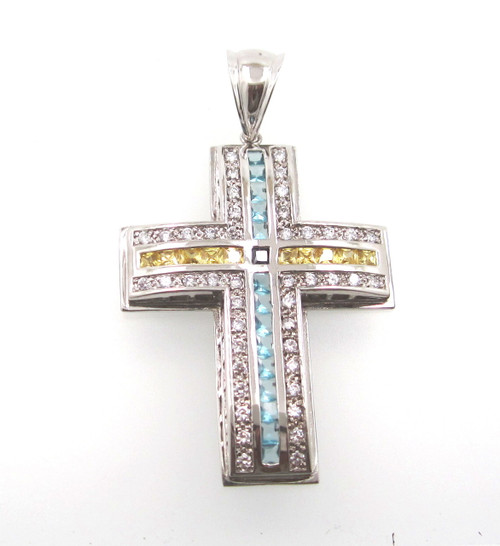 Sterling Silver Cross Blue/Yellow/White Cubic Zirconia Charm