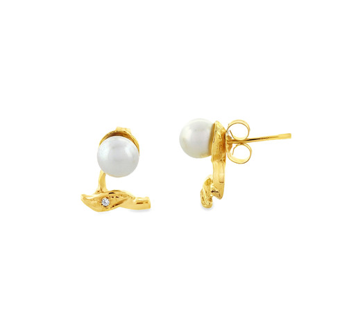 14K Yellow Gold Diamond Pearl Stud Earrings 42003361 | Shin Brothers*