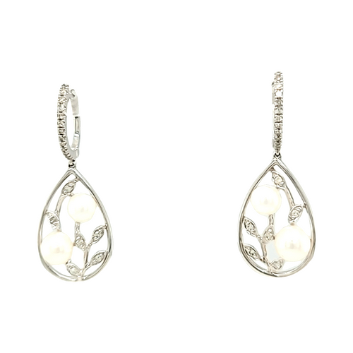 14K Yellow  Gold Pearl Diamond Euro Back Hanging Earrings 