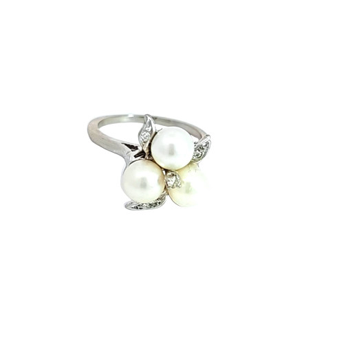 14K White Gold Triple Pearl Ring with Diamond Accents 12003218 | Shin Brothers*
