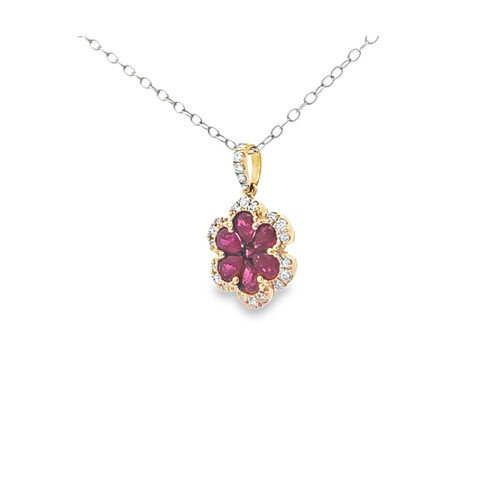 14K Yellow Gold Ruby and Diamond Flower Pendant 52002433 | Shin Brothers* 14K Yellow Gold Ruby and Diamond Flower Pendant 52002433 | Shin Brothers*
