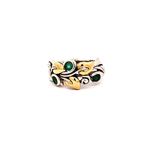 Two Toned Silver Leaf Green Stone Ring 81010964 | Shin Brothers 