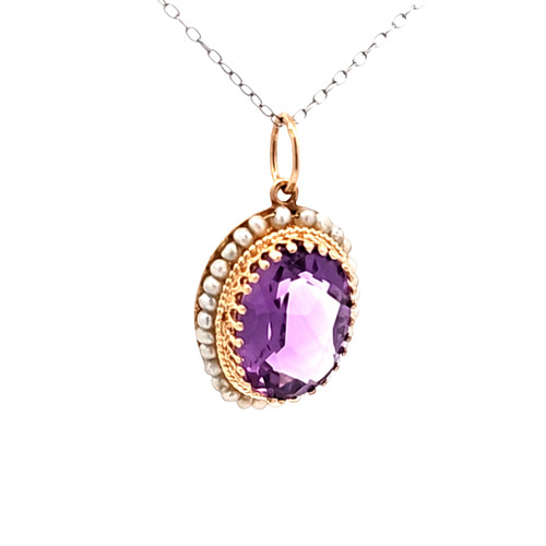 14K Yellow Gold Amethyst Pearl Oval Pendant 52002454 | Shin Brothers