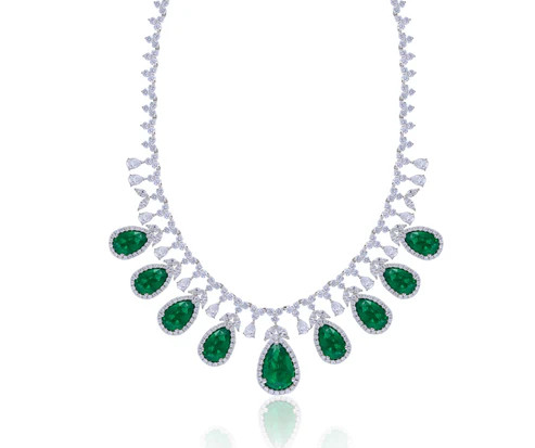 18K White Gold Emerald Diamond Collar Necklace NK029 | Shin Brothers
