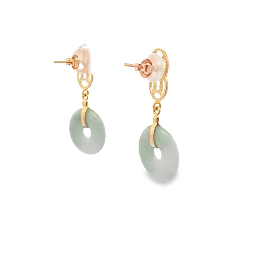 14K Yellow Gold Circle Jade Drop Good Luck Push Back  Earrings 42003638| Shin Brothers*